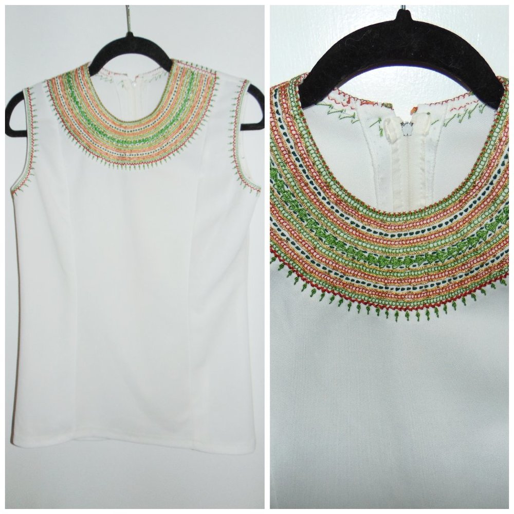 VTG Boho 70's Handmade Embroidered Multicolor Neckline White Sleeveless Blouse L